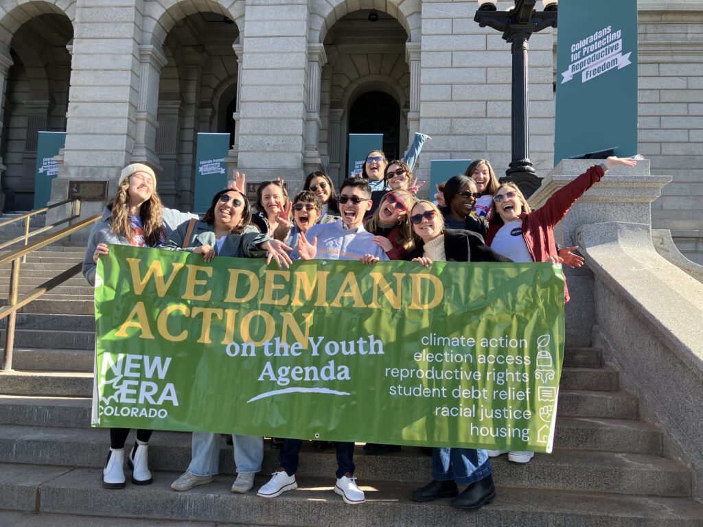 New Era staff members celebrate the launch of 2024’s abortion ballot initiative on the steps of the Colorado State Capitol.